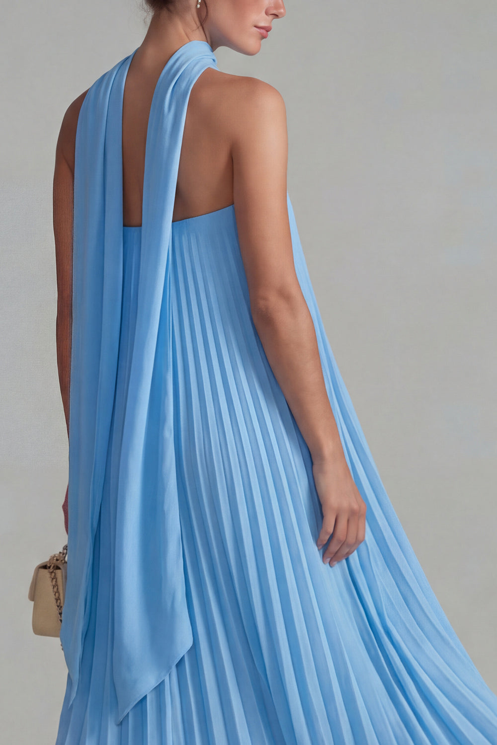 Chiffon Blue Neck Scarf Pleated Long Wedding Guest Dress