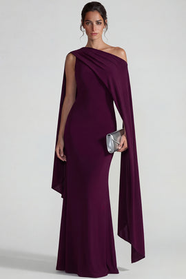 Burgundy One Shoulder Mermaid Long Wedding Guest Dress with Cape