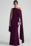 Burgundy One Shoulder Mermaid Long Wedding Guest Dress with Cape