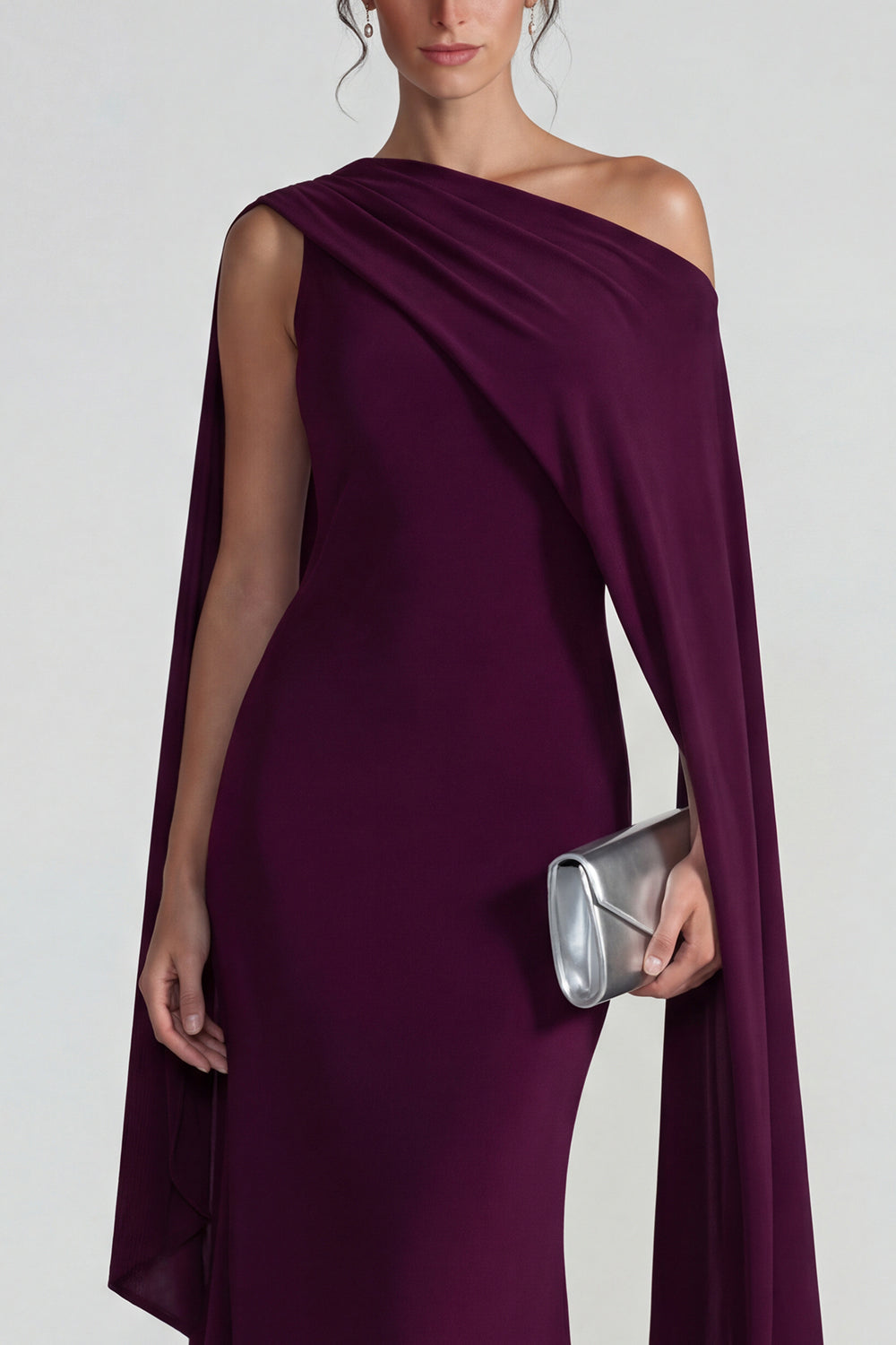 Burgundy One Shoulder Mermaid Long Wedding Guest Dress with Cape