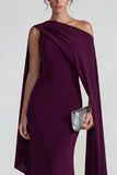 Burgundy One Shoulder Mermaid Long Wedding Guest Dress with Cape