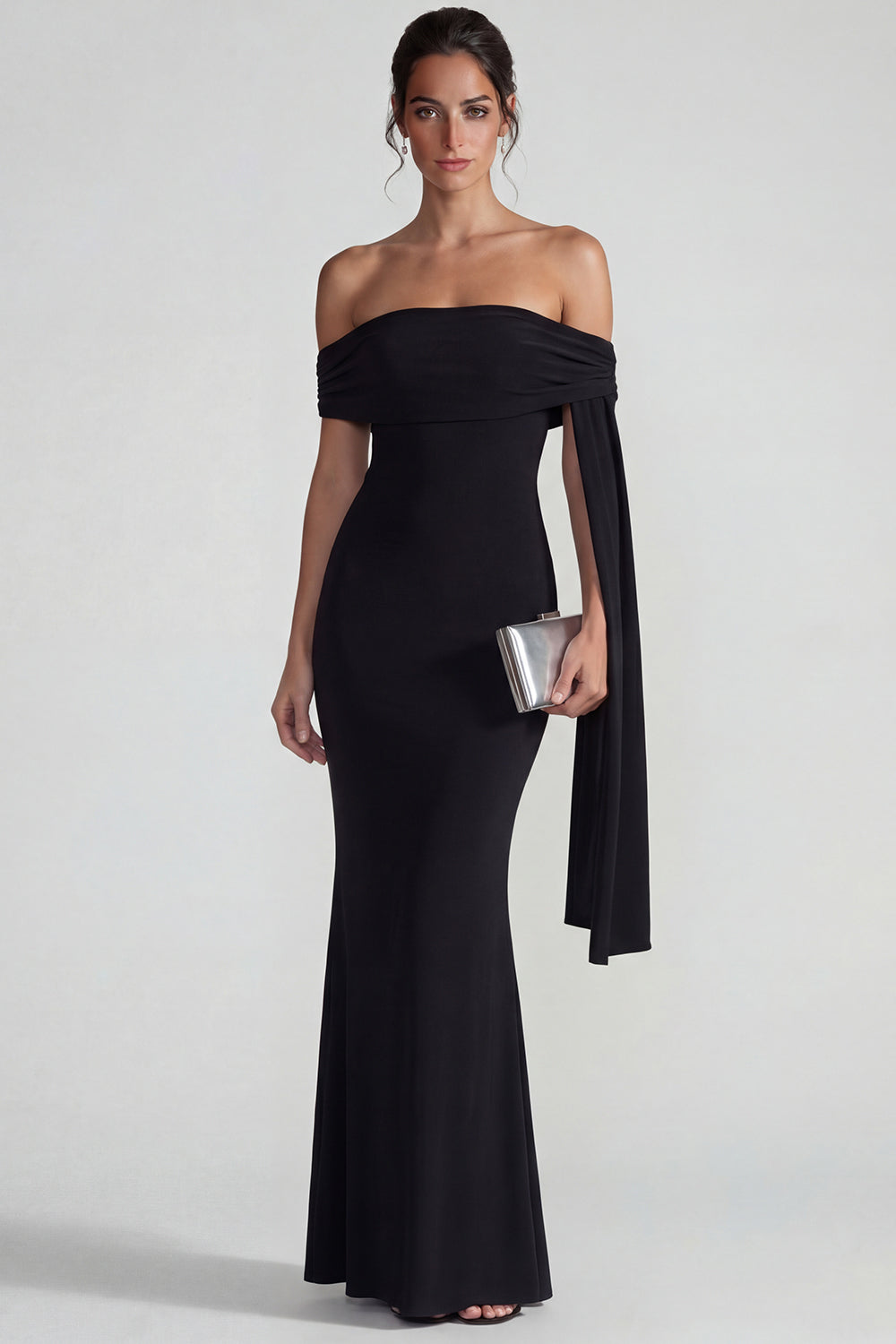 Black Mermaid Long Off the Shoulder Wedding Guest Dress with Streamer