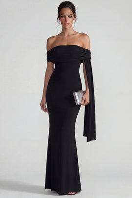 Black Mermaid Long Off the Shoulder Wedding Guest Dress with Streamer