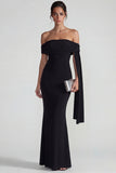 Black Mermaid Long Off the Shoulder Wedding Guest Dress with Streamer