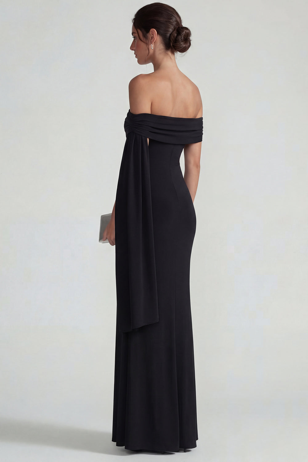 Black Mermaid Long Off the Shoulder Wedding Guest Dress with Streamer