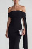 Black Mermaid Long Off the Shoulder Wedding Guest Dress with Streamer