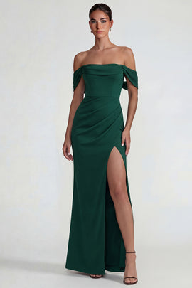 Dark Green Off the Shoulder Long Sheath Wedding Guest Dress with Slit