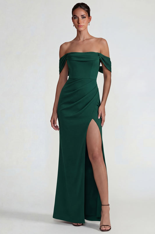 Dark Green Off the Shoulder Long Sheath Wedding Guest Dress with Slit