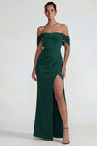 Dark Green Off the Shoulder Long Sheath Wedding Guest Dress with Slit