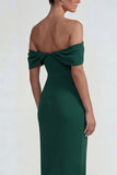 Dark Green Off the Shoulder Long Sheath Wedding Guest Dress with Slit