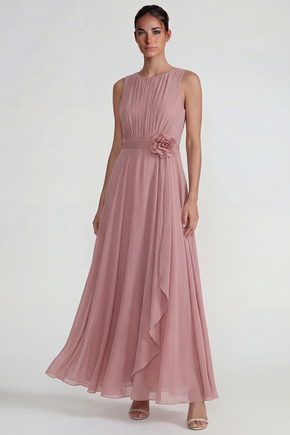Blush Chiffon Ruffled A Line Long Wedding Guest Dress with 3D Flower