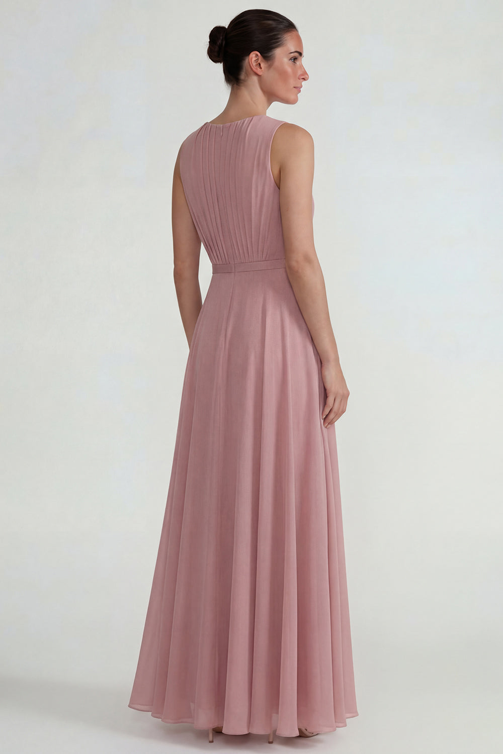 Blush Chiffon Ruffled A Line Long Wedding Guest Dress with 3D Flower