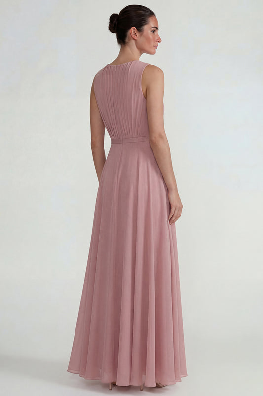Blush Chiffon Ruffled A Line Long Wedding Guest Dress with 3D Flower
