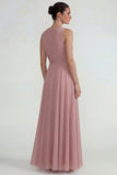 Blush Chiffon Ruffled A Line Long Wedding Guest Dress with 3D Flower