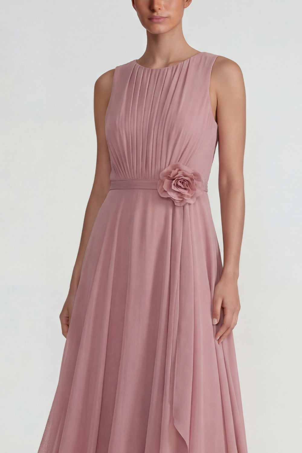 Blush Chiffon Ruffled A Line Long Wedding Guest Dress with 3D Flower