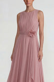 Blush Chiffon Ruffled A Line Long Wedding Guest Dress with 3D Flower