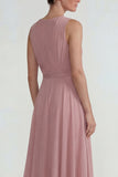 Blush Chiffon Ruffled A Line Long Wedding Guest Dress with 3D Flower