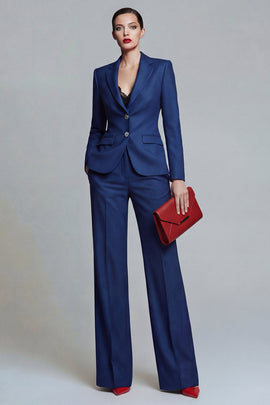 Dark Blue 2 Piece Wide Leg Single Breasted Notched Lapel Business Suits