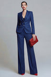 Dark Blue 2 Piece Wide Leg Single Breasted Notched Lapel Business Suits