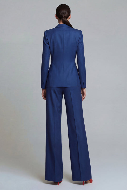 Dark Blue 2 Piece Wide Leg Single Breasted Notched Lapel Business Suits