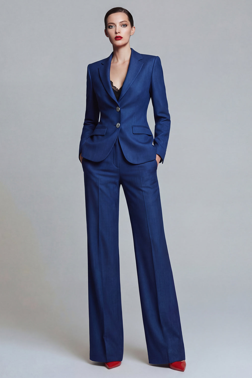 Dark Blue 2 Piece Wide Leg Single Breasted Notched Lapel Business Suits