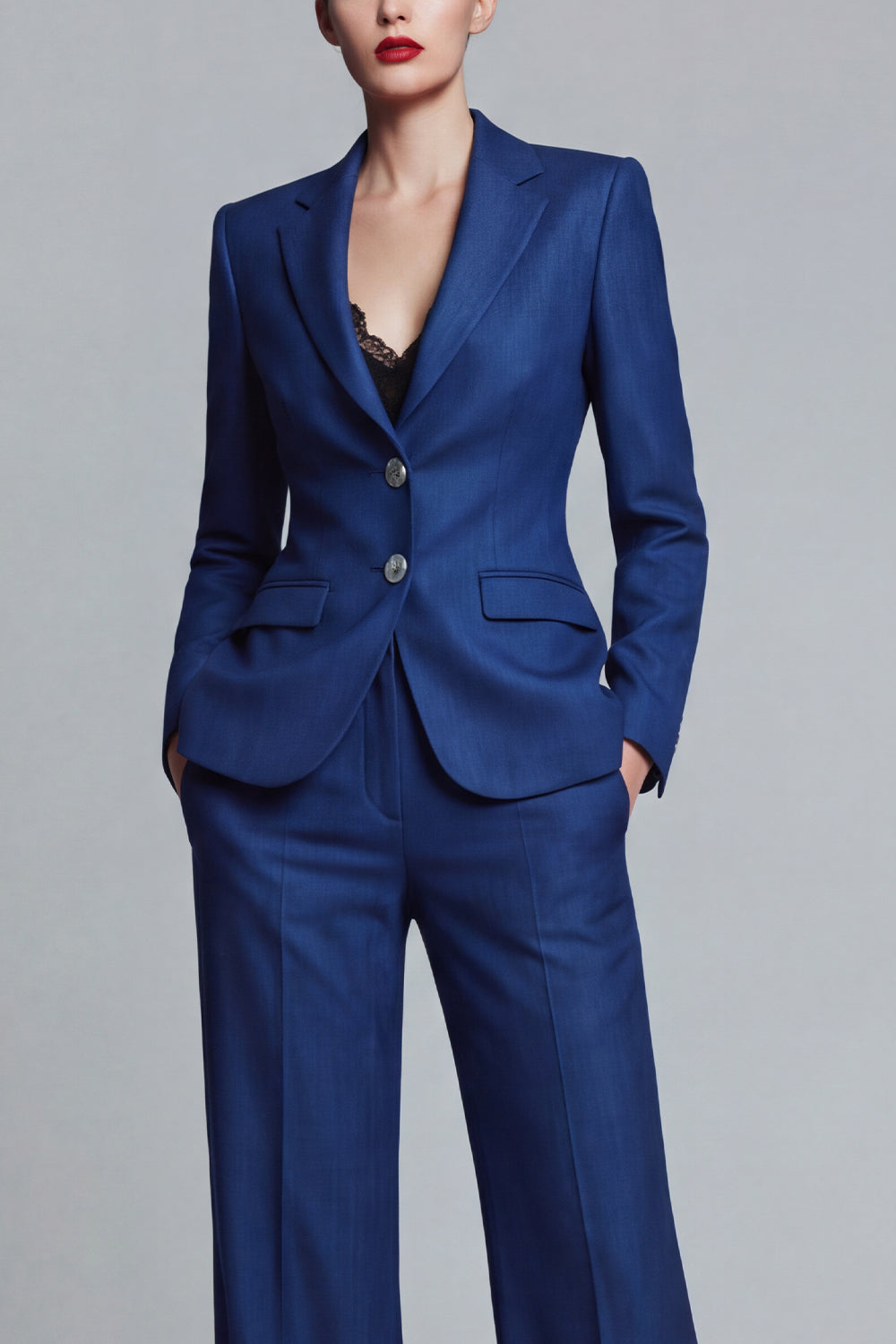 Dark Blue 2 Piece Wide Leg Single Breasted Notched Lapel Business Suits