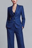 Dark Blue 2 Piece Wide Leg Single Breasted Notched Lapel Business Suits