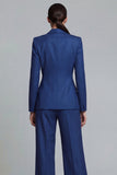 Dark Blue 2 Piece Wide Leg Single Breasted Notched Lapel Business Suits