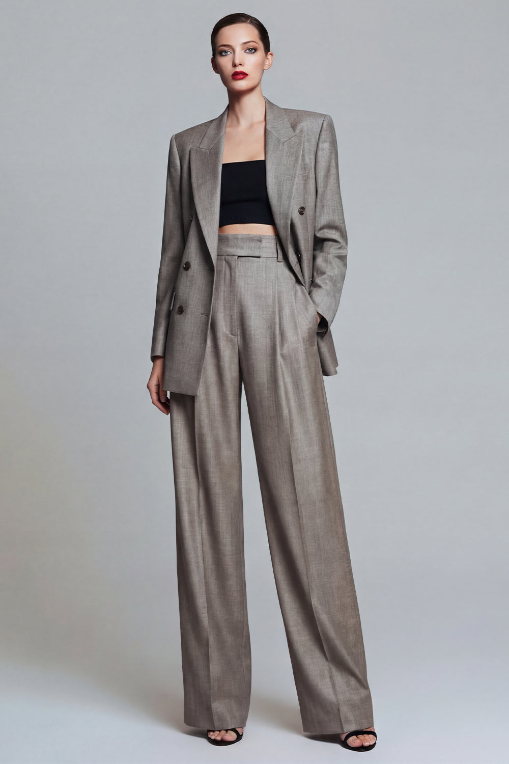 Grey Wide Leg 2 Piece Single Breasted Peak Lapel Business Suits with Pockets