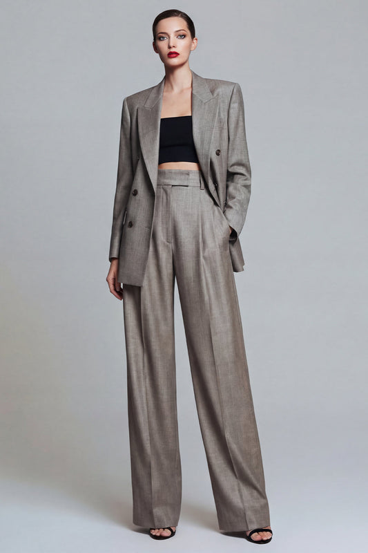 Grey Wide Leg 2 Piece Single Breasted Peak Lapel Business Suits with Pockets