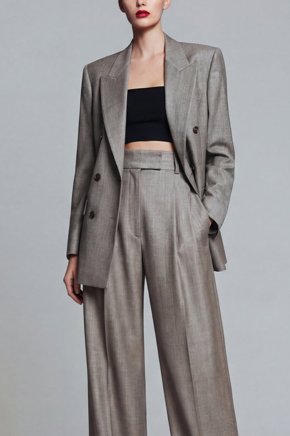 Grey Wide Leg 2 Piece Single Breasted Peak Lapel Business Suits with Pockets