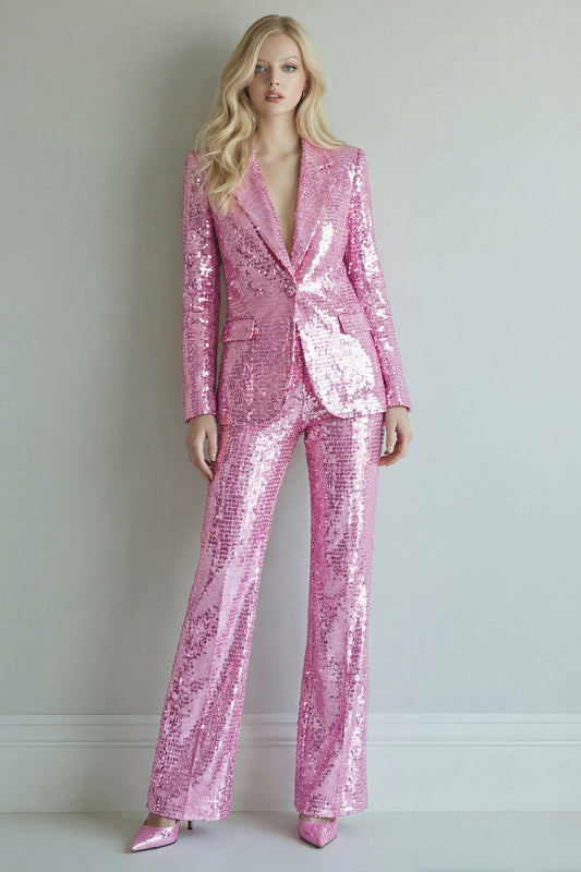 Sparkly Pink Sequin 2 Piece Notched Lapel Single Breasted Prom Suits