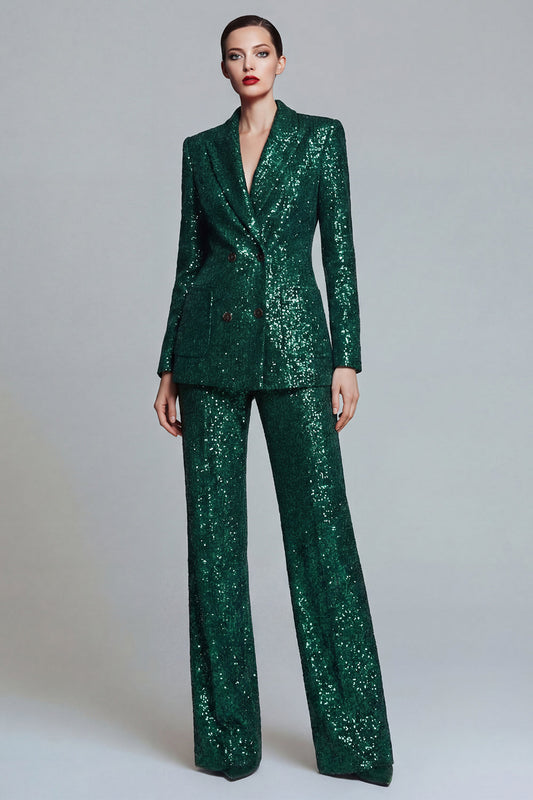 2 Piece Sparkly Dark Green Sequin Peak Lapel Prom Suits