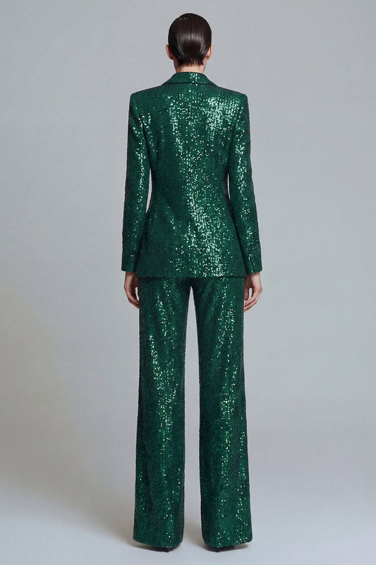 2 Piece Sparkly Dark Green Sequin Peak Lapel Prom Suits
