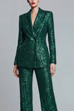 2 Piece Sparkly Dark Green Sequin Peak Lapel Prom Suits