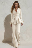 2 Piece Ivory Peak Lapel Ruched Wide Leg Business Suits with Sash