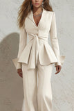 2 Piece Ivory Peak Lapel Ruched Wide Leg Business Suits with Sash