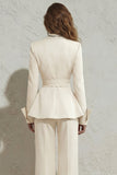 2 Piece Ivory Peak Lapel Ruched Wide Leg Business Suits with Sash