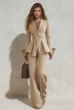 2 Piece Ivory Peak Lapel Ruched Wide Leg Business Suits with Sash