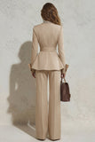 2 Piece Ivory Peak Lapel Ruched Wide Leg Business Suits with Sash