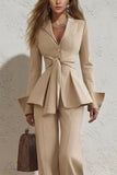 2 Piece Ivory Peak Lapel Ruched Wide Leg Business Suits with Sash