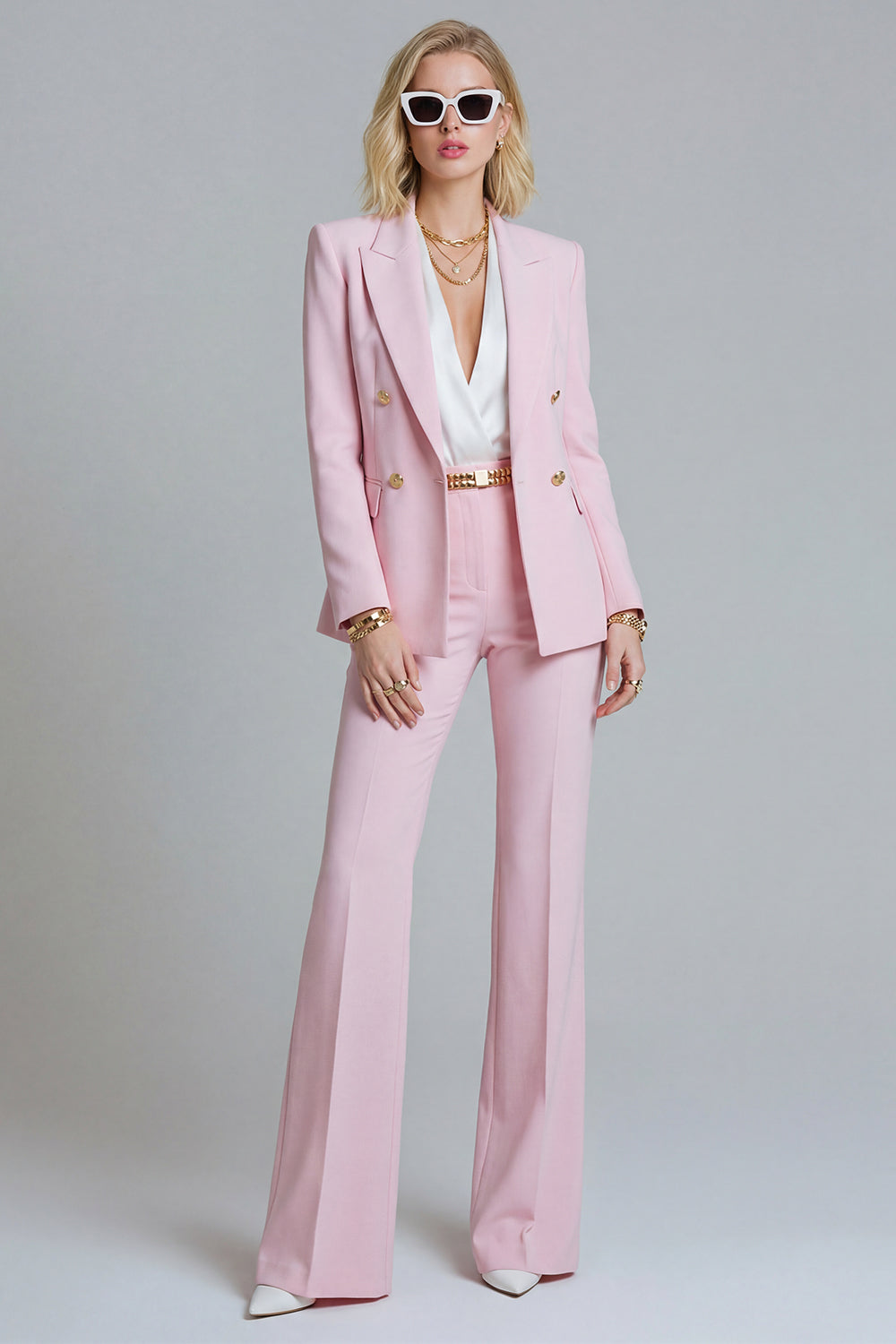 Pink Peak Lapel Wide Leg 2 Piece Prom Suits with Buttons