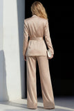 Champagne 2 Piece Satin Peak Lapel Wide Leg Business Suits with Sash