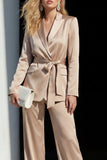 Champagne 2 Piece Satin Peak Lapel Wide Leg Business Suits with Sash