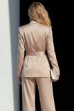 Champagne 2 Piece Satin Peak Lapel Wide Leg Business Suits with Sash