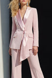 2 Piece Pink Peak Lapel Wide Leg Business Suits with Sash