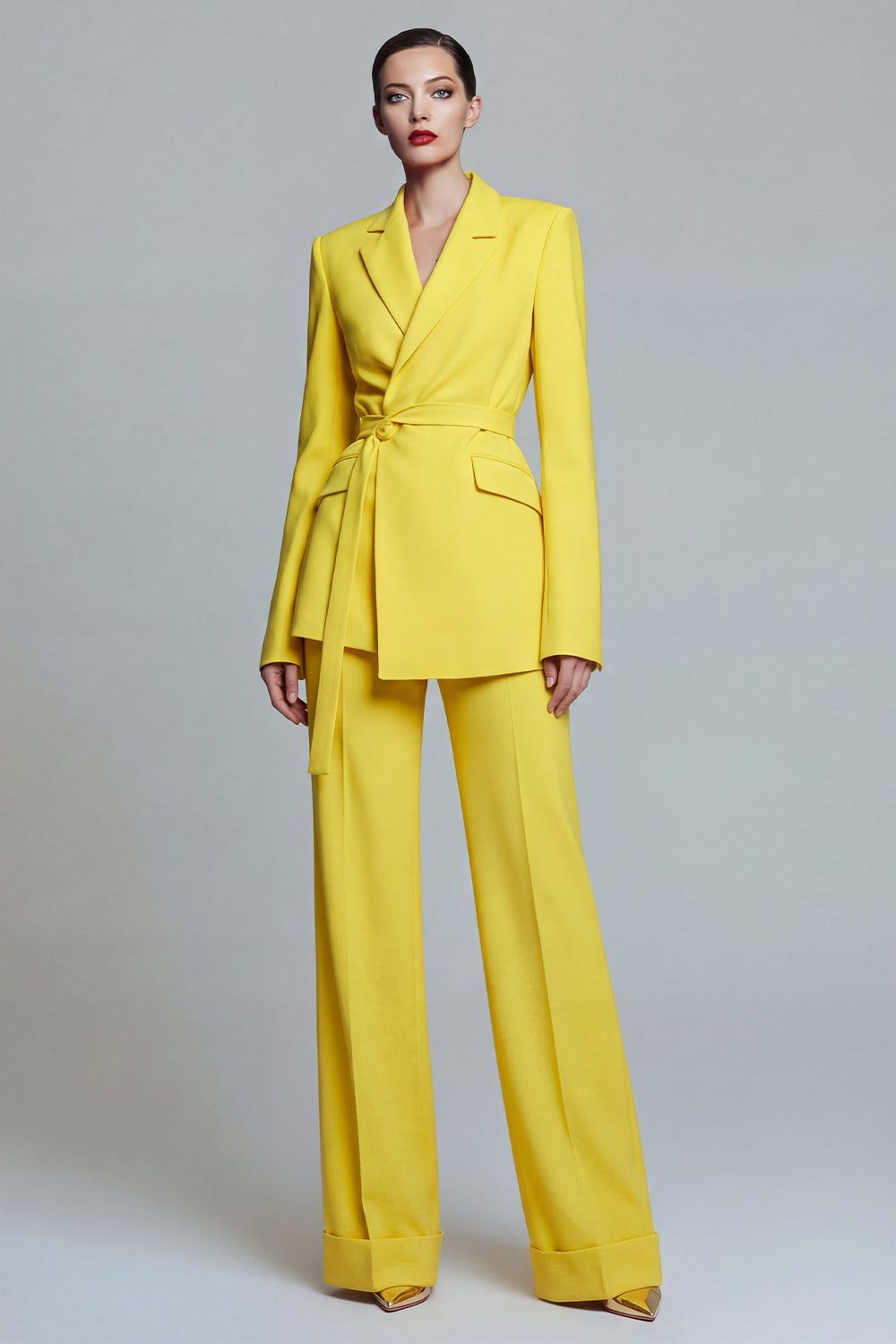 Yellow 2 Piece Notched Lapel Slim Fit Wide Leg Prom Suits with Sash