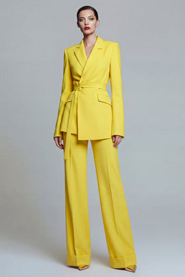 Yellow 2 Piece Notched Lapel Slim Fit Wide Leg Prom Suits with Sash