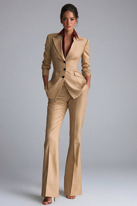 Khaki Peak Lapel 2 Piece Flared Single Breasted Business Suits with Pockets