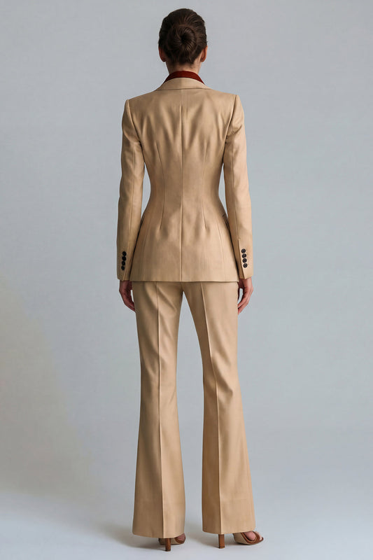 Khaki Peak Lapel 2 Piece Flared Single Breasted Business Suits with Pockets